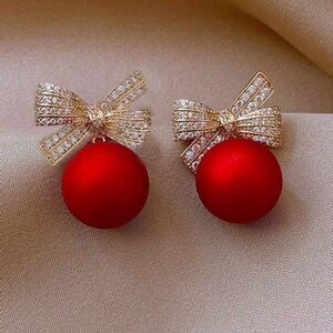 1pair Fashionable Alloy Bow & Red Bead Dangle Earrings For Women, Christmas